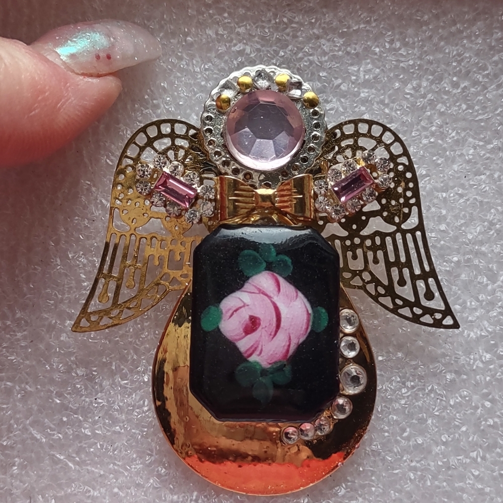 Gold Wings Angel Brooch "Beauty in Faith" Light Pink & Black Floral Hand Crafted